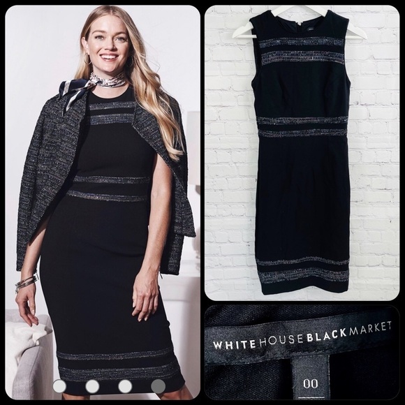 WHITE HOUSE BLACK MARKET Black Body Perfecting Tweed Inset Sheath Dress - 00 - Picture 1 of 11